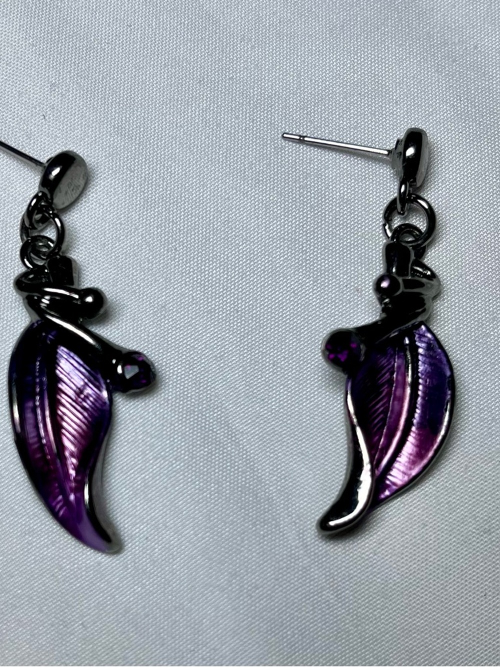 Purple Leaf Dangle Earrings with Silver-Tone Accents